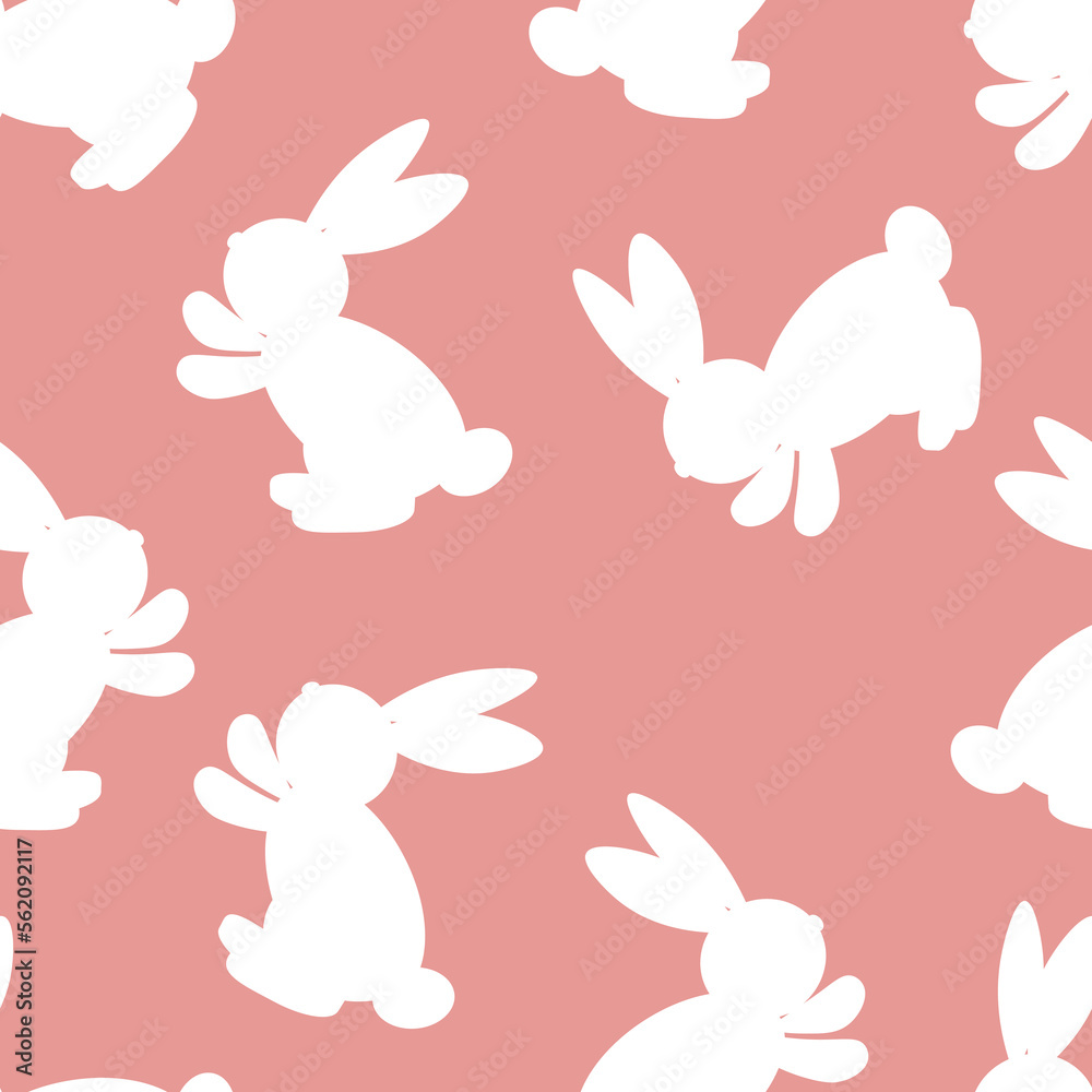 Seamless pattern with white silhouette Easter rabbits on pink background. Design for card, postcard, wallpaper, fabric, textile. Vector stock illustration. Cartoon style Seamless pattern with white silhouette Easter rabbits on pink background. Design for card, postcard, wallpaper, fabric, textile. Vector stock illustration. Cartoon style