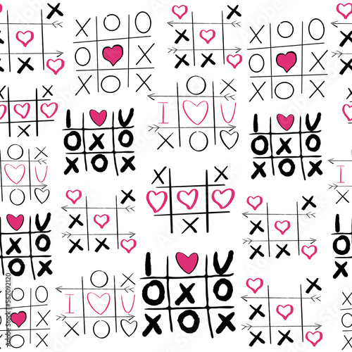 Tic tac toe game with romantic heart doodle hand drawn seamless pattern on white background.
