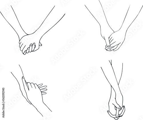 Hand drawn hands isolated on white background. Hand in hand. One line contour drawing. Outline holding hands. Hands of lovers. Vector illustration
