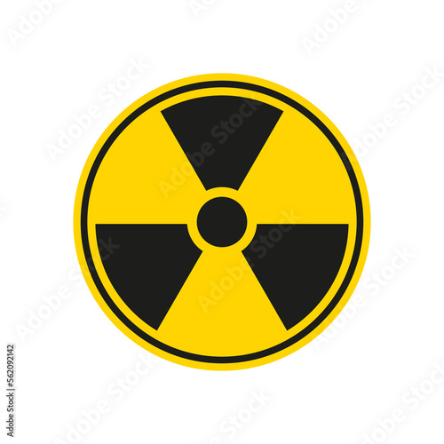 Radioactive hazard sign. Nuclear non-ionizing radiation yellow circular symbol. Warning sign with trefoil icon inside. Flat vector illustration isolated on white background.