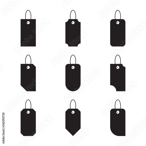 Craft cardboard paper price tags of various shapes isolated on white background. Shopping label hanging on thread, vector illustration simple design