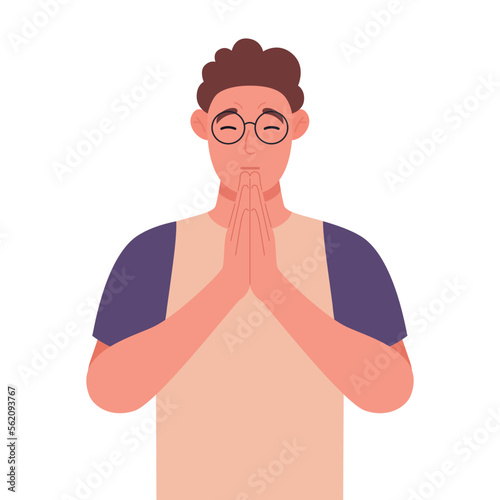 Curly young man in glasses in closed eyes praying hands together. Vector illustration.