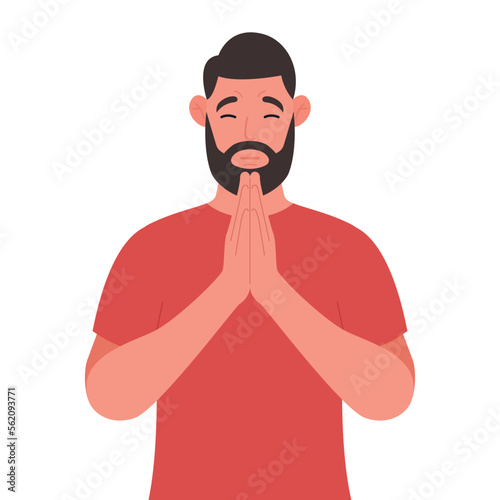 Bearded man in closed eyes praying hands together. Vector illustration.