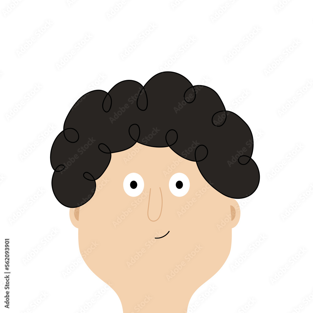 Man face portrait. Guy face head. Smiling happy emotion. Cute cartoon funny character. Black hair. Curl hairstyle. Successful businessman. Avatar for social network. Flat design. White background. Man face portrait. Guy face head. Smiling happy emotion. Cute cartoon funny character. Black hair. Curl hairstyle. Successful businessman. Avatar for social network. Flat design. White background.