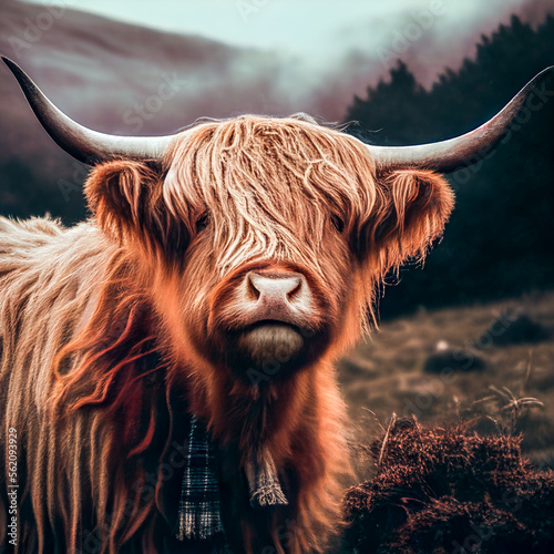 highland cow with horns, Generative AI Illustration