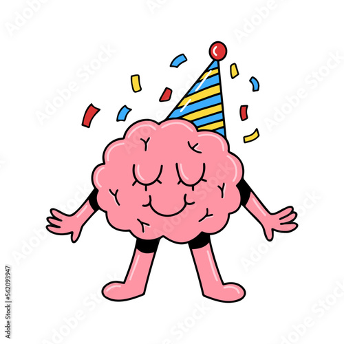 Brain emotion vector cartoon character cute happy face kawaii celebrate birthday cone hat satisfied happy isolated on white background