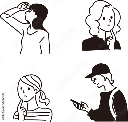 ビジネス　女性　考える　携帯を見る　線画