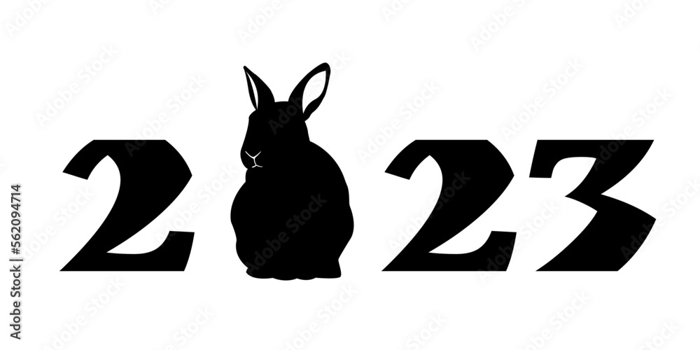Black silhouette of a rabbit isolated on white background. Happy New Year 2023 text design. Brochure design template, card, banner. Vector illustration. Isolated on white background Black silhouette of a rabbit isolated on white background. Happy New Year 2023 text design. Brochure design template, card, banner. Vector illustration. Isolated on white background