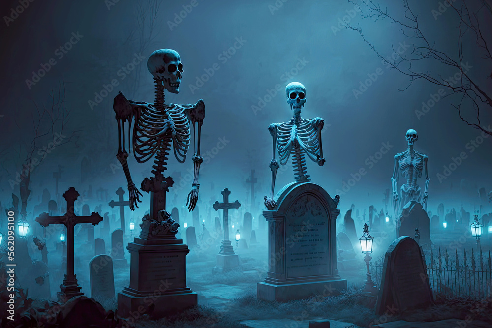 Monuments with skeletons in cemetery and hands rising out of graves