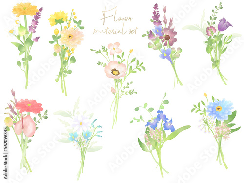 水彩調パステルカラーの花の素材セット（カラフル）