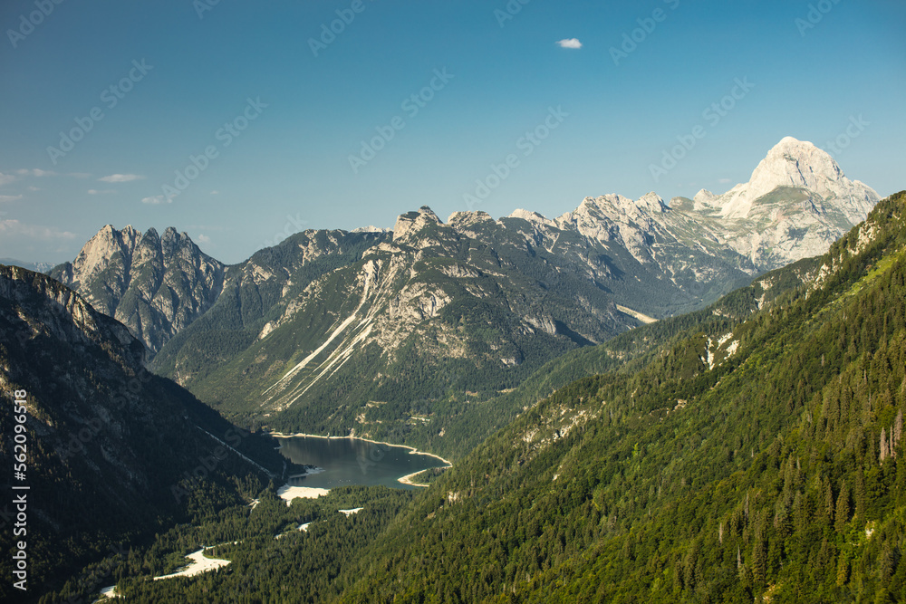Mangart and lake Predil in the Julian alps.