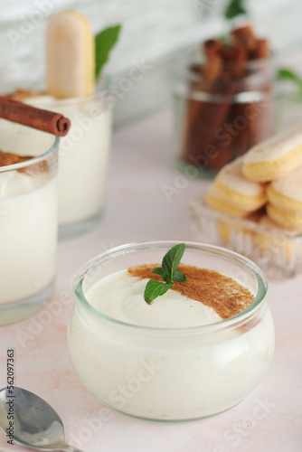 Glasses with traditional Italian dessert Zabaione made of eggs, sugar and wine	