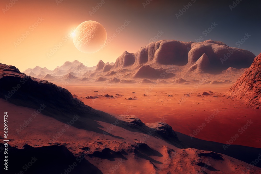 Mars planet, landscape with desert and mountains