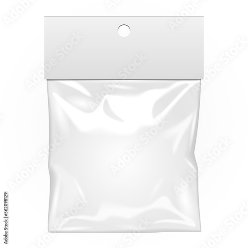 Mockup Blank Plastic Pocket Bag. Transparent. With Hang Slot. Illustration Isolated On White Background. Mock Up Template Ready For Your Design. Vector EPS10