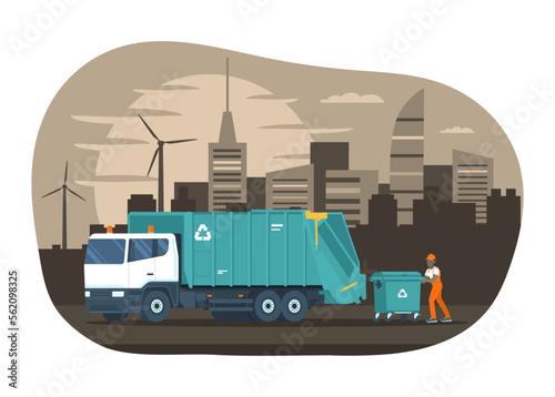 The worker loads a garbage container into the garbage truck. Vector illustration.