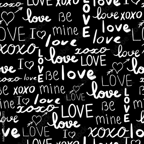 Text love, script cute doodle hand drawn seamless pattern on black background.