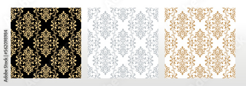 Wallpapers in the style of Baroque. Seamless vector backgrounds. Set of colored floral ornaments. Graphic patterns for fabric, wallpaper, packaging. Ornate Damask flower ornaments