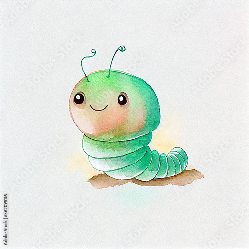 Cute caterpillar watercolor character, cartoon worm, green funny smiling garden insect, lovely bug with big eyes. Baby pest personage children book illustration. Adorable kawaii larva, animal