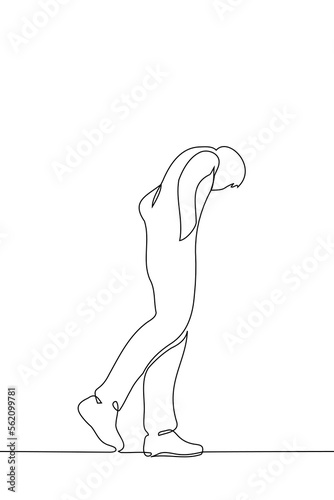 man stands, full growth, looks from above at below, from top to bottom, to look, peep, observe, neighbors, neighborhood, top neighbor, upper social class, one line drawing vector, concept,