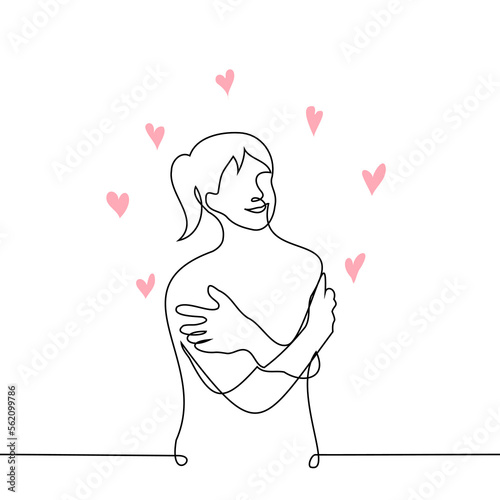 woman hugging herself smiling - one line drawing vector. concept narcissistic woman, self love, self care