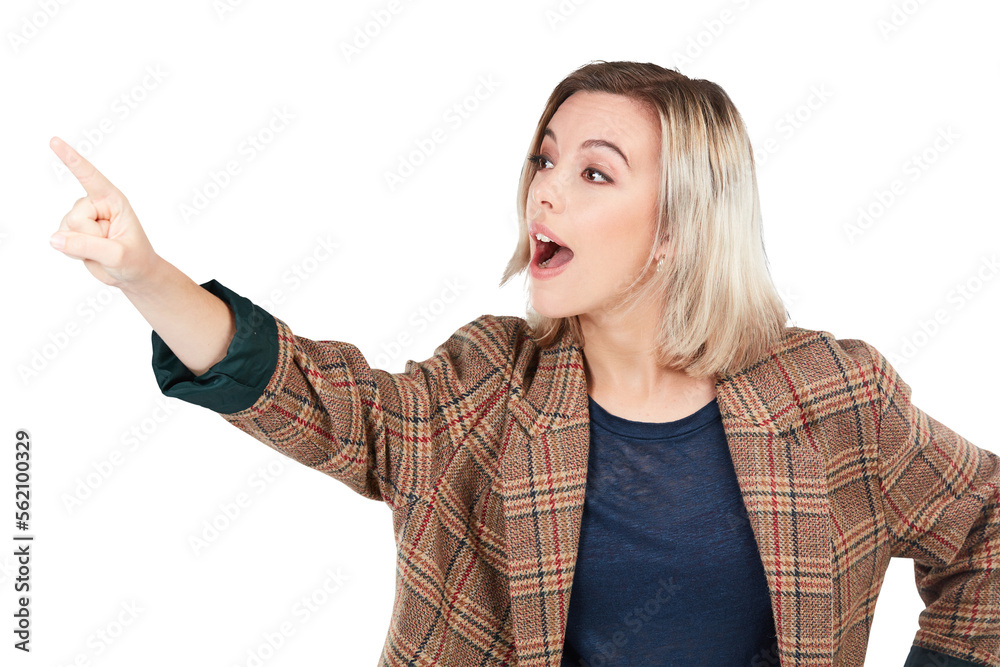 A woman pointing towards something isolated on a PNG background. A woman pointing towards something isolated on a PNG background.