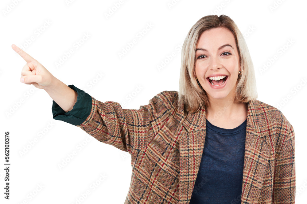 A woman pointing towards something isolated on a PNG background. A woman pointing towards something isolated on a PNG background.