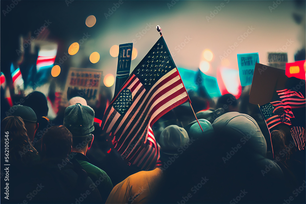 Street crowd in a protest or demonstration, waving US flags, generative AI - obrazy, fototapety, plakaty 