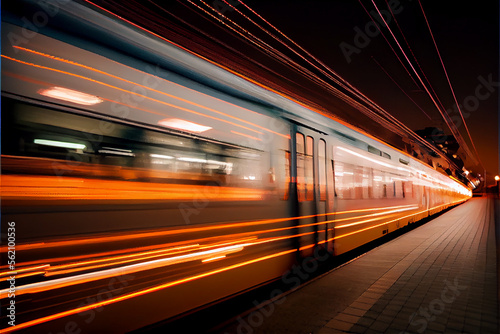 Fotografia moving train with blurry lights ideal for transportation backgrounds, generative
