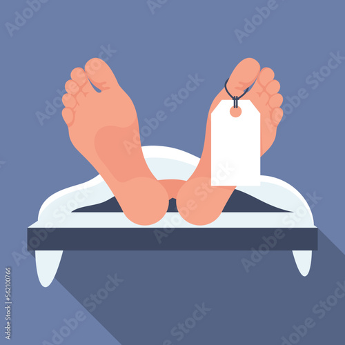 Corpse in the morgue. Dead man in the morgue. Legs of a dead man with a white tag. The human body is covered with a white sheet. Vector illustration flat design. Isolated on background.