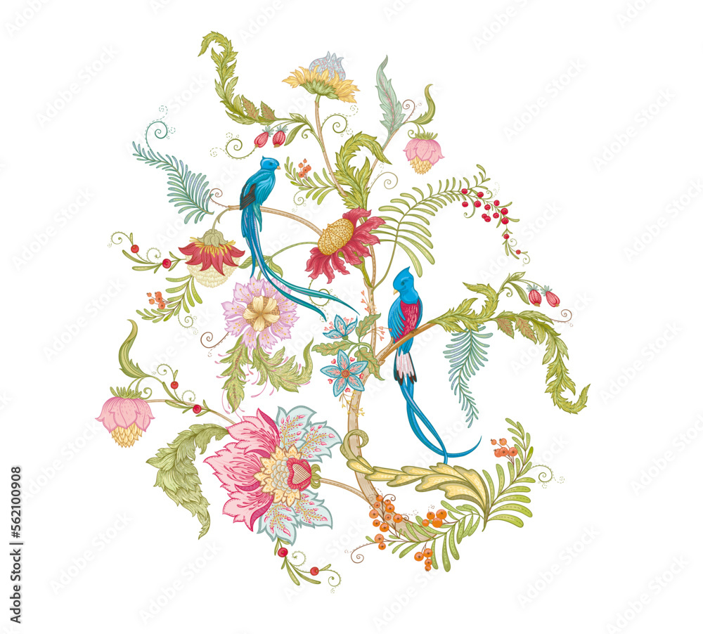 Obraz premium Fantasy flowers with bird of paradise quezal, in retro, vintage, jacobean embroidery style. Clip art, set of elements for design Vector illustration.
