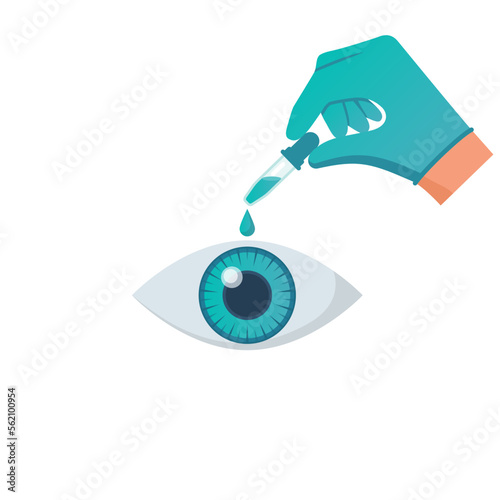 The doctor drops medicine into the eye with a pipette. Pipette in hand. Eye treatment. Drop of medicine. Vector illustration flat design. Isolated on white background.