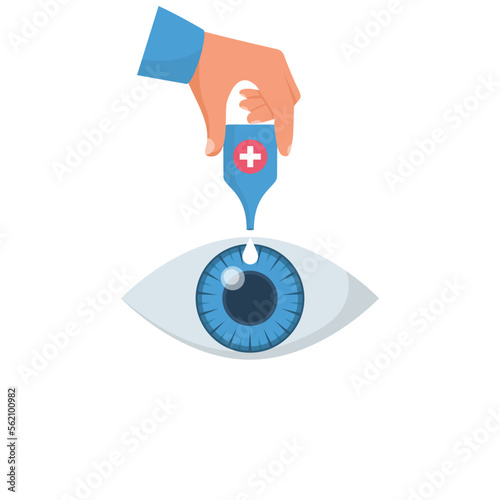 The doctor drops medicine into the eye with a pipette. Pipette in hand. Eye treatment. Drop of medicine. Vector illustration flat design. Isolated on white background.