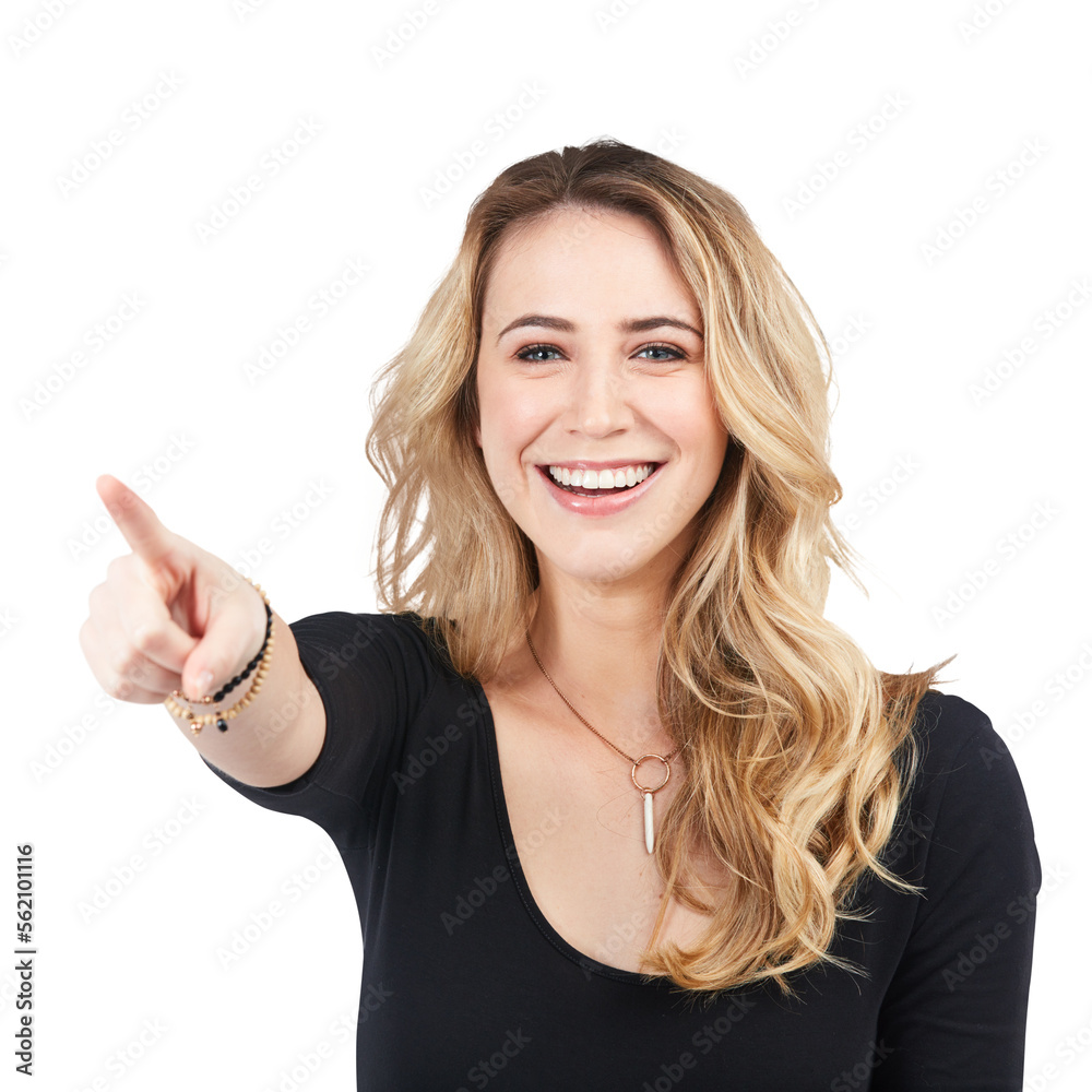 A young woman pointing towards something isolated on a PNG background. A young woman pointing towards something isolated on a PNG background.