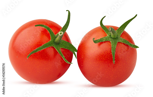 Two fresh red tomato with green leaves