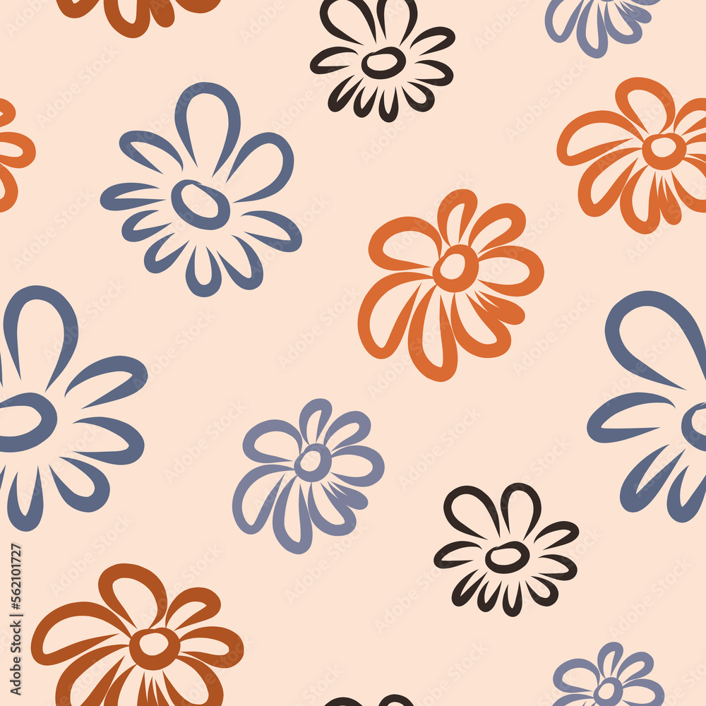 A set of hand-drawn colors highlighted on a white background. Colored daisies with a marker, a pattern for design.