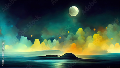 Futuristic night landscape with abstract landscape and island