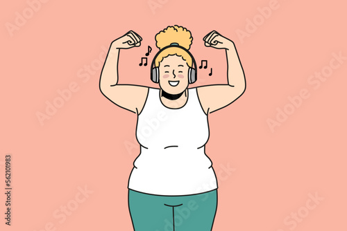 Overjoyed overweight woman in headphones listen to music do sports. Smiling fat girl in earphones enjoy good quality sound training. Vector illustration. 