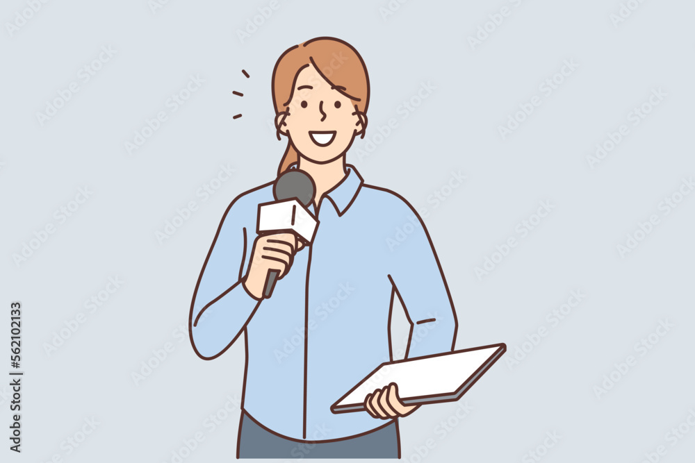 Smiling female reporter with microphone Smiling female reporter with microphone