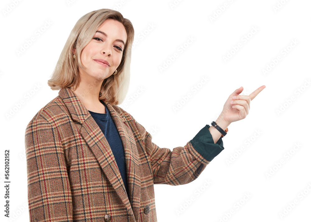 A young woman pointing towards something isolated on a PNG background. A young woman pointing towards something isolated on a PNG background.