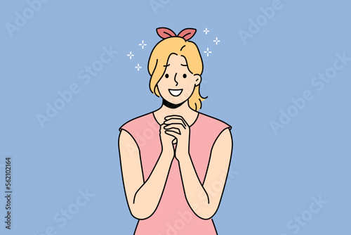 Smiling young woman with hands in prayer ask for forgiveness or beg. Happy girl feel hopeful and joyful praying. Faith and belief. Vector illustration. 