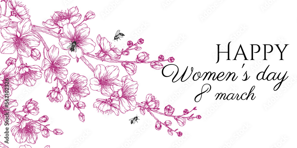 Vector illustration card for World Women's Day. Cherry blossom branch and bee in engraving style