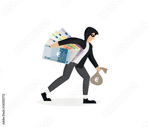 Economic crime. Box of money wearing a thief eye mask and holding a big sack of money. robber. Flat vector illustration.
