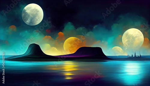 Futuristic night landscape with abstract landscape and island