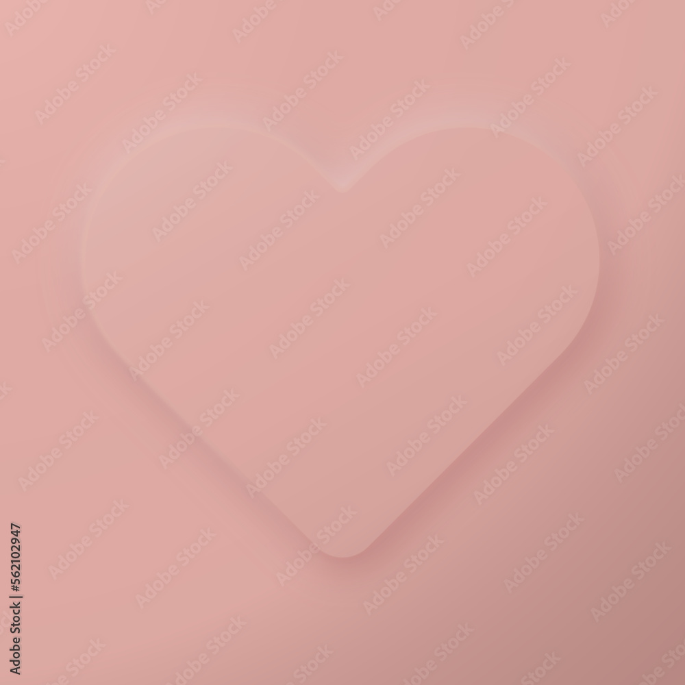 Romantic cute pastel pink backdrop with heart frame. Happy Valentines day square background in neomorphism style. Beautiful holiday template with shaped heart love. Romance greeting web banner layout