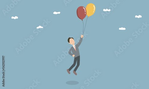 風船を持ち浮き上がるビジネスマンのイラスト