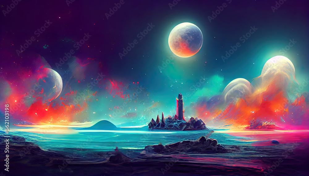 Futuristic fantasy night landscape with abstract landscape and island