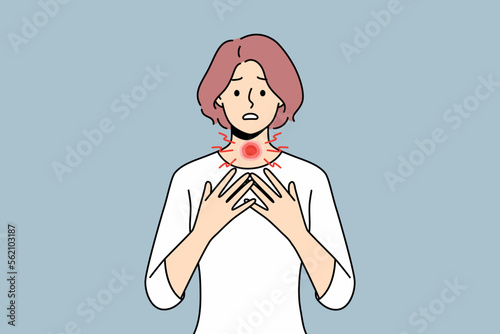 Unhealthy young woman suffer from thyroid problems. Unhappy sick female struggle with hyperthyroidism. Larynx body organ trouble. Healthcare. Vector illustration. 