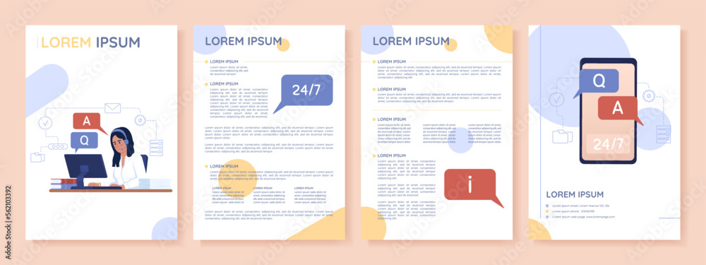 Live chat for customer support flat vector brochure template. Quick help booklet, leaflet printable flat color designs. Editable magazine page, reports kit with text space. Sniglet Regular font used