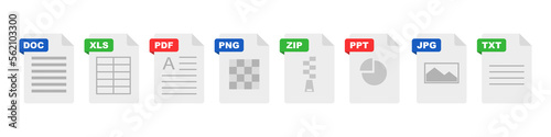 File format flat icon set. Document file icons