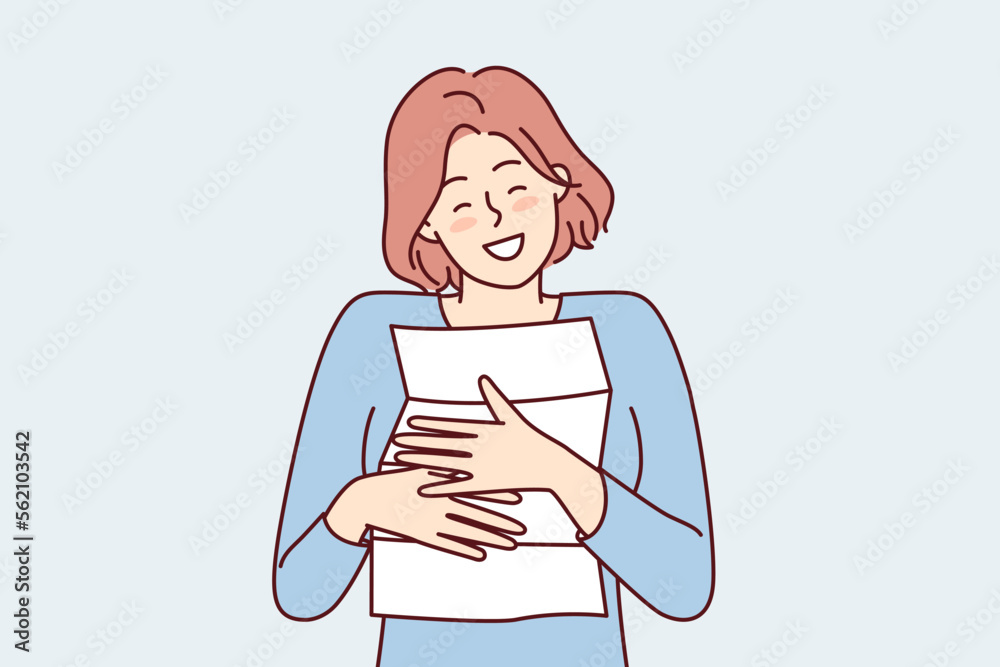 Happy woman clutches to chest paper letter from boyfriend or family rejoicing at information received. Girl hugging document about career advancement or salary increase. Flat vector illustration